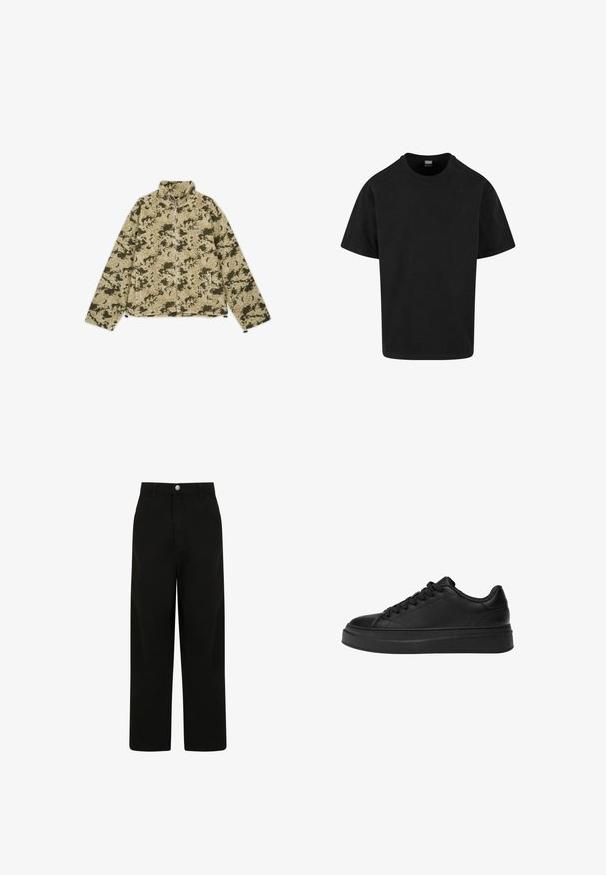 Zielona i beżowa bluza polarowa w kamuflażu z wysokim kołnierzem, zapięciem na zamek błyskawiczny i kieszeniami bocznymi. Ma teksturowaną, miękką powierzchnię.; Czarny bawełniany T-shirt z klasycznym okrągłym dekoltem, krótkimi rękawami i luźnym krojem. Gładka tekstura, prosty design, bez wzorów ani akcentów.; Czarne spodnie szerokie, wykonane z bawełny. Posiadają zapięcie na guzik z przodu, dwa boczne kieszenie oraz luźny krój.; Czarny trampki wykonane z gładkiej skóry, z okrągłym noskiem, grubą platformą i tradycyjnym sznurowaniem z sześcioma oczkami.