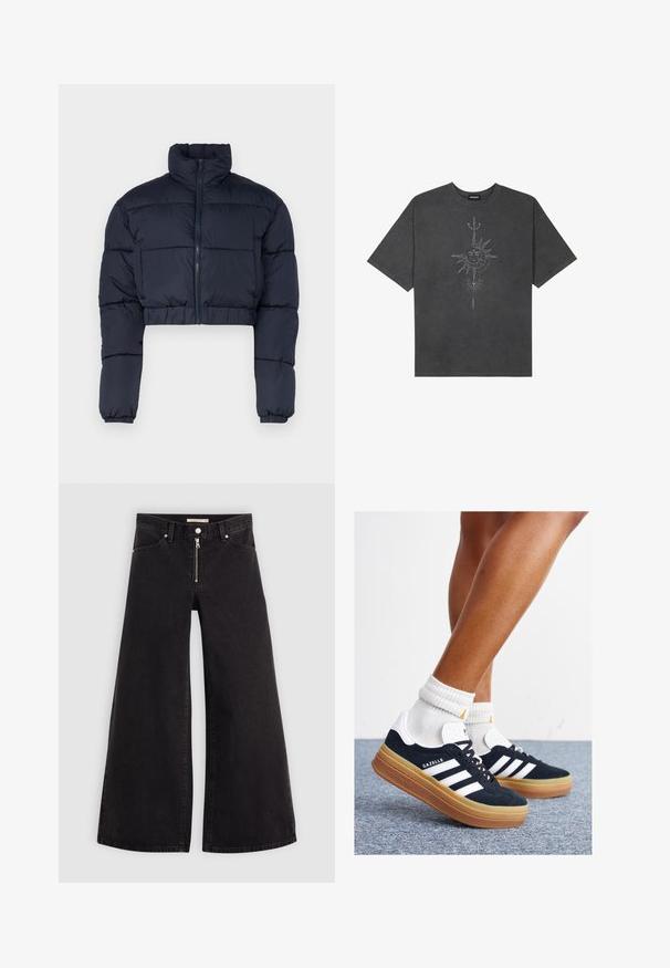 Mørk blå cropped pufferjakke med høy krage, glidelås foran og elastiske mansjetter. Har sydd paneler for isolasjon.; Mørkegrå oversized t-skjorte laget av bomull, med et sentralt solmotiv med intrikate linjedetaljer trykket på forsiden.; Vide benbukser i sort denim med glidelås i front, fem-lomme design og subtile sømdetaljer. Glatt tekstur og avslappet stil.; Svarte sneakers i semsket skinn med hvite striper og detaljer, rund tå, yttersåle i gummigummi, kombinert med hvite ribbestrikkede crew-sokker.