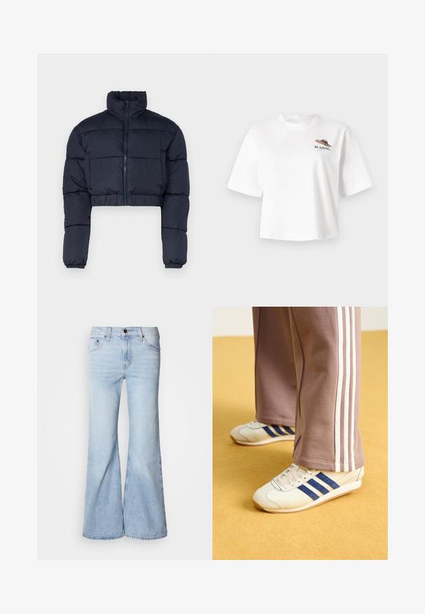 Mörkblå kort pufferjacka med hög krage, dragkedjestängning och elastiska ärmslut. Har sydda paneler för isolering.; Vit t-shirt med kort ärm som har ett grafiskt tryck av en hatt med ordet "BLAZING" i svart och grön broderi på bröstet.; Ljusblå utsvängda jeans med hög midja, denimtyg, fem fickor och knappstängning. Benen är vida och har en lätt blekt finish.; Krämfärgade sneakers med blå mockaband, vita snören och gummisula. Kombinerade med grå sweatpants med vita sidostripes.