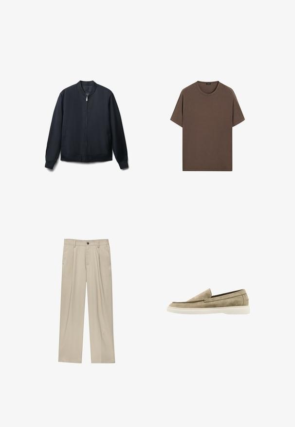 Giacca bomber della marina, tessuto leggero, chiusura frontale con zip, colletto e polsini a coste, due tasche laterali, texture liscia, design minimale.; T-shirt in cotone marrone con scollo rotondo e maniche corte. Design semplice con una texture uniforme e una vestibilità comoda. Nessun motivo o accento.; Pantaloni beige a taglio dritto, con un solo bottone nero, passanti per la cintura e tasche laterali. Tessuto dalla texture liscia e design minimale.; Scarpe slip-on in suede beige con punta tondeggiante, dettagli cuciti e suola in gomma bianca. Design semplice con una texture liscia.