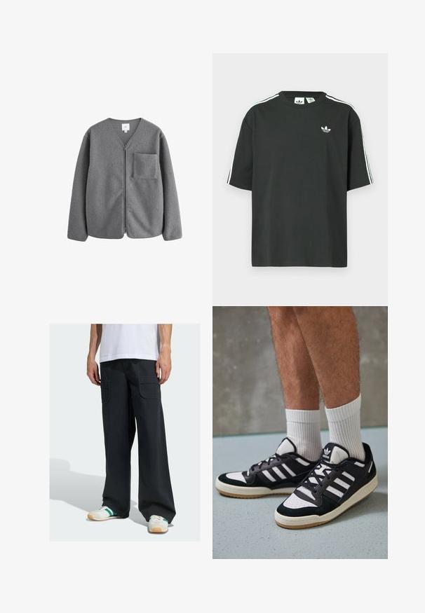 Graue Fleecejacke mit V-Ausschnitt-Design, frontalem Reißverschluss und Brusttasche. Besitzt eine weiche Textur und einen entspannten Schnitt.; Schwarzes Baumwoll-T-Shirt mit kurzen Ärmeln, Rundhalsausschnitt und weißen Dreistreifen-Details auf den Schultern. Verfügt über ein kleines weißes Logo auf der Brust.; Mann in weit geschnittenen schwarzen Cargo-Hosen mit Klappentaschen und weißen Sneakers mit grünen Streifen, der vor einem schlichten Hintergrund steht.; Schwarz-weiße Sneaker mit einem Obermaterial aus Wildleder und Leder, ausgestattet mit drei weißen Streifen, einer perforierten Zehenpartie und einer Sohle aus Gummi.