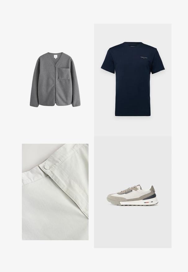 Siva flis jakna s dizajnom u obliku V, prednjim zatvaračem i džepom na prsima. Poseduje mekanu teksturu i opušteni kroj.; Tamno plava pamučna majica s okruglim izrezom, kratkim rukavima i bijelim logom "TOMMY JEANS" na lijevoj strani prsnog koša. Jednostavan i klasičan dizajn.; Bijela pamučna tkanina s dugmetom na struku, s suptilnom teksturom i šivenim detaljima duž šavova.; Sive i bijele tenisice s kombinacijom sued materijala i tekstila. Kontrastni mornarski plavi i crveni detalji, s teksturiranom gumenenom potplatnom i vezicama.