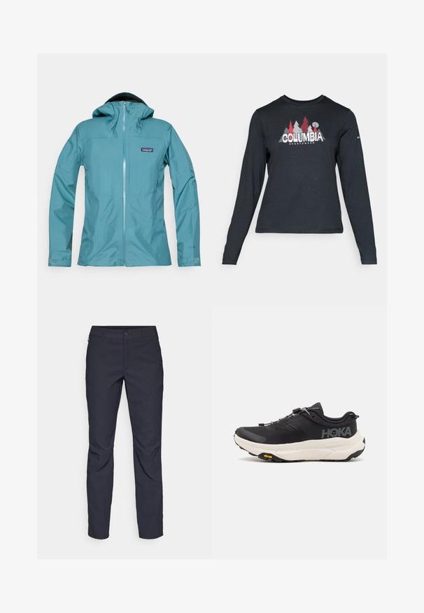 Teal veekindel jakk kapuutsiga, lukuga ees ja logoga õmblus. Omab siledat tekstuuri ja istuvaid varrukaid reguleeritavate mansettidega.; Pikend varrukatega tumehall särk, millel on punaste puude ja mägede graafika; "COLUMBIA" logo julge valge tekstiga. Pehme kangas, tavaline ümmargune kaelus.; Tumedat sinised püksid sujuva kangaga, millel on esiääre nuppude sulgemine, kitsas lõige ja volditud detailid põlvede piirkonnas.; Mustad mustadused spordijalatsid, millel on hingav võrkkangast pealmine osa, kummist välistald, valge pehmendusega vaheosa ja peegeldavad nöörid. Vibrami logo välistalla peal.
