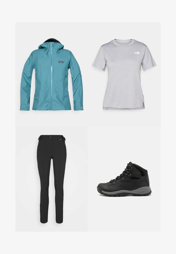 Teal waterproof jacket with a hood, zippered front, and logo patch. Features a smooth texture and fitted sleeves with adjustable cuffs.; Grey short-sleeve t-shirt made of soft, moisture-wicking fabric. Features a crew neck and a small white logo on the upper left.; Black, fitted pants made from a flexible material. Features include a zippered side pocket, articulated knees, and a smooth texture.; Black hiking boot with a mid-top design, featuring a textured upper, gray accents, and durable rubber sole with traction lugs.