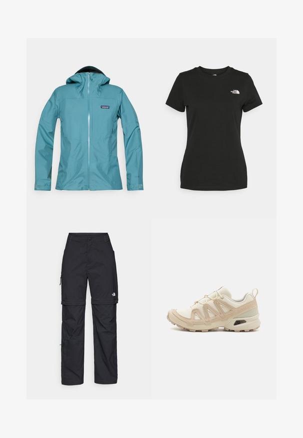 Teal waterproof jacket with a hood, zippered front, and logo patch. Features a smooth texture and fitted sleeves with adjustable cuffs.; Black cotton t-shirt featuring a crew neckline and short sleeves. Notable white logo on the upper left side. Smooth texture, casual fit.; Black nylon zip-off cargo trousers with adjustable cuffs, multiple pockets, and a logo on the right leg. Smooth, lightweight texture.; Beige and cream athletic shoe with textured mesh upper, supportive overlays, and rubber outsole featuring a tread pattern for traction.