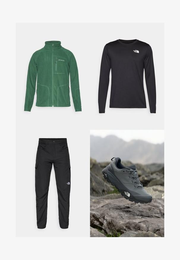Green fleece jacket with a high collar, zippered front, and side pockets. Features textured fabric and contrasting stitching details.; Long-sleeved black performance t-shirt made of lightweight fabric, featuring a white logo on the upper left chest. Smooth texture.; The North Face HORIZON PANT - Outdoor trousers - black; Grey trail running shoe with a textured upper, durable rubber sole, and reinforced toe cap. Features laces and brand logo on the side.