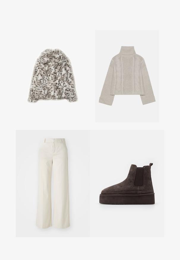 Faux fur jakke i hvid med sorte leopardpletter, med en blød tekstur, rund halsudskæring og lange ærmer. Ingen synlige lukninger.; Afskåret, lysegrå striktrøje med højt krave og ribbede manchetter, prydet med teksturerede kabelmønstre ned ad ryggen og siderne.; Bredde ben-bukser i en lys beige farve, lavet af et glat stof. Har en klassisk talje og flad front med rene linjer.; Brune ruskinds Chelsea støvler med elastiske sidepaneler og en tyk, struktureret platåsål. Har en strop bagpå til nem påtagning.