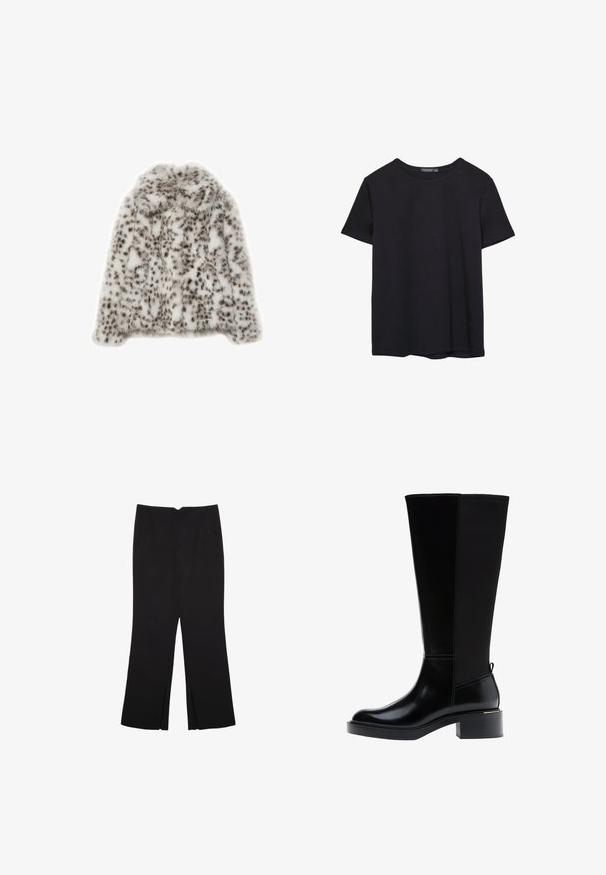 Nepbont jasje in het wit met zwarte luipaardvlekken, met een zachte textuur, een ronde halslijn en lange mouwen. Geen zichtbare sluitingen.; Effen kortemouwen zwarte katoenen T-shirt met ronde hals, weergegeven op een witte achtergrond.; Zwarte broek met een rechte pasvorm, voorzien van zijzakken en plooien aan de onderzijde. Gemaakt van zachte, gladde stof. Geschikt voor verschillende gelegenheden.; Zwarte kniehoge laars met een gladde leren afwerking, opvallende stiksels, een stevige hak en een getextureerd achterpaneel voor extra detail.