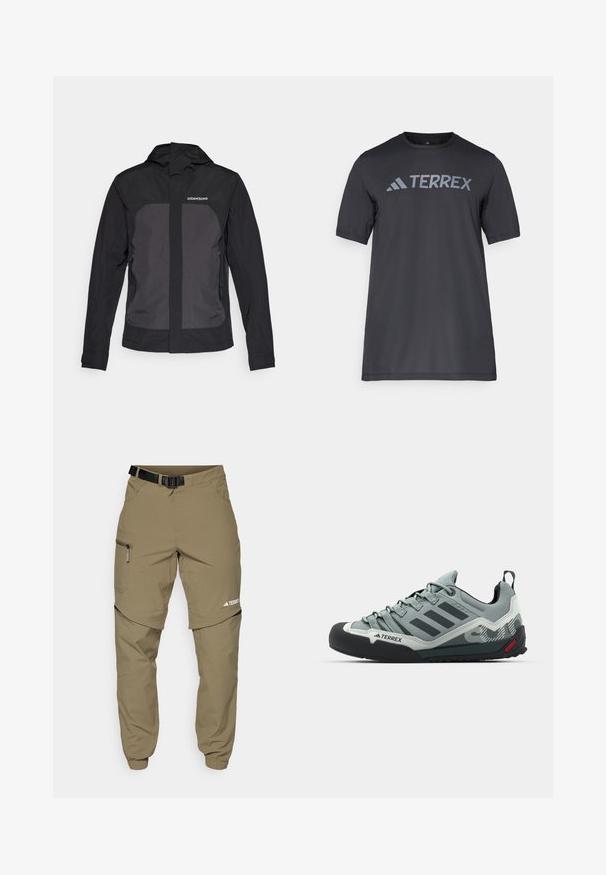 Chaqueta negra impermeable con capucha, que presenta un panel frontal gris en contraste, bolsillos laterales con cremallera y un logo en el lado izquierdo del pecho.; Camiseta negra de manga corta hecha de un tejido ligero, con un logotipo en gris claro "TERREX" en el pecho y cuello redondo.; Pantalones de campo color caqui con un cinturón negro ajustable, bolsillos con cremallera, puños ajustados y piernas inferiores desmontables para un estilo versátil.; Zapatos de escalada grises con un upper texturizado, punta de goma negra, tres rayas oscuras y un pequeño acento rojo en la suela.