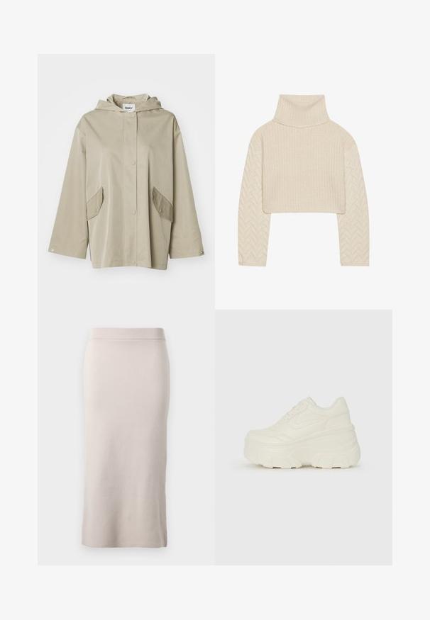 Béžová kapucňová bunda vyrobená z hladkého materiálu s predným zapínaním na cvoky a dvoma šikmými vreckami. Má široké rukávy a voľný strih.; Krémový skrátený sveter s vysokým golierom, textúrovaným pleteným telom a rukávmi s ryšavým vzorom. Vyrobený z jemnej priadze.; Pletená ceruzková sukňa v svetlo béžovej farbe, s rebrovaným pásom, úzkym strihom a bočným rozparkom pre pohodlný pohyb. Mäkká textúra, minimalistický dizajn.; Biele platformové tenisky s hladkým koženkovým svrchným materiálom, zaobleným tvarom, polstrovaným golierom a textúrovanou gumovou podrážkou s výrazným vzorom.