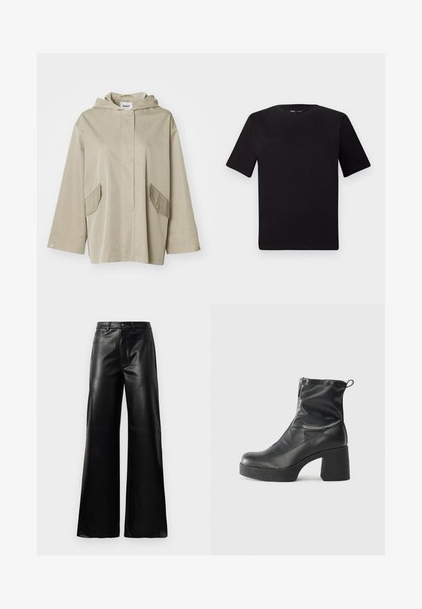 Beżowa kurtka z kapturem wykonana z gładkiego materiału, zapinana na napy z przodu i posiadająca dwie skośne kieszenie. Charakteryzuje się szerokimi rękawami i luźnym krojem.; Czarna koszulka z krótkim rękawem o okrągłym dekolcie, wykonana z miękkiej bawełny. Prosty design, bez widocznych logo ani wzorów.; Czarne, wysokie na talii, szerokie spodnie z sztucznej skóry z guzikami z przodu, zapięciem na zamek, szlufkami na pasek i bocznymi kieszeniami na białym tle.; Czarne botki za kostkę wykonane z gładkiej skóry, wyposażone w boczny zamek błyskawiczny, masywny teksturowany obcas oraz zaokrąglony czubek.