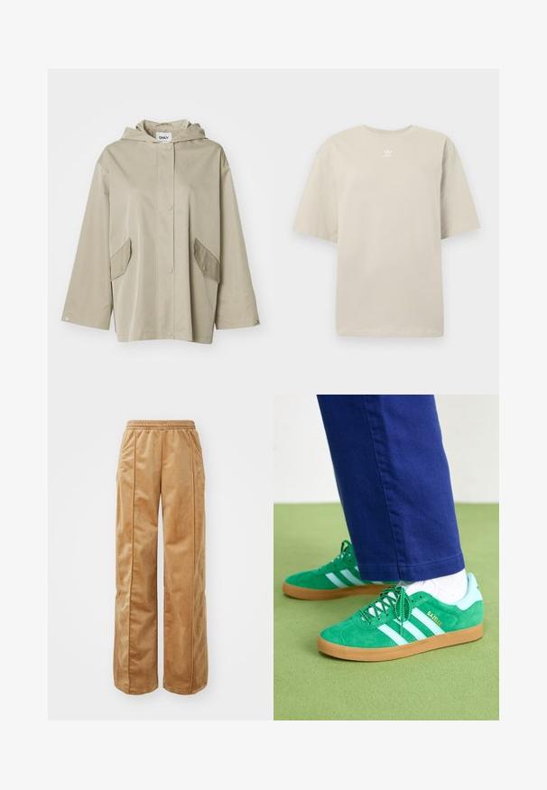 Chaqueta beige con capucha hecha de material suave, con cierre frontal a presión y dos bolsillos en ángulo. Presenta mangas anchas y un corte relajado.; Camiseta de manga corta beige de algodón, con cuello redondo y pequeño logo blanco de Adidas impreso en el pecho. Textura suave, corte holgado.; Pantalones de pierna ancha en tono beige, fabricados con un material suave y aterciopelado. Cuentan con una cinturilla elástica y costuras verticales en la parte delantera para un detalle adicional.; Zapatillas de ante verde con rayas y detalles blancos, suela de goma, con cordones verdes y marca en el costado.