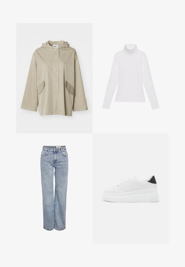 Beige gewatteerde jas met capuchon gemaakt van glad materiaal, met drukknopen aan de voorkant en twee schuine zakken. Beschikt over brede mouwen en een ontspannen pasvorm.; Witte lange mouw turtleneck top gemaakt van glad, elastisch materiaal. Voorzien van een hoge kraag en een getailleerd ontwerp, zonder zichtbare patronen of versieringen.; Lichtblauwe wijde jeans gemaakt van denim, met een hoge taille, vijf zakken en subtiele vervaging voor een versleten uitstraling.; Witte platform sneakers van glad synthetisch materiaal, met een afgeronde neus, vetersluiting en een gestructureerde rubberen zool. Zwarte hielaccent.