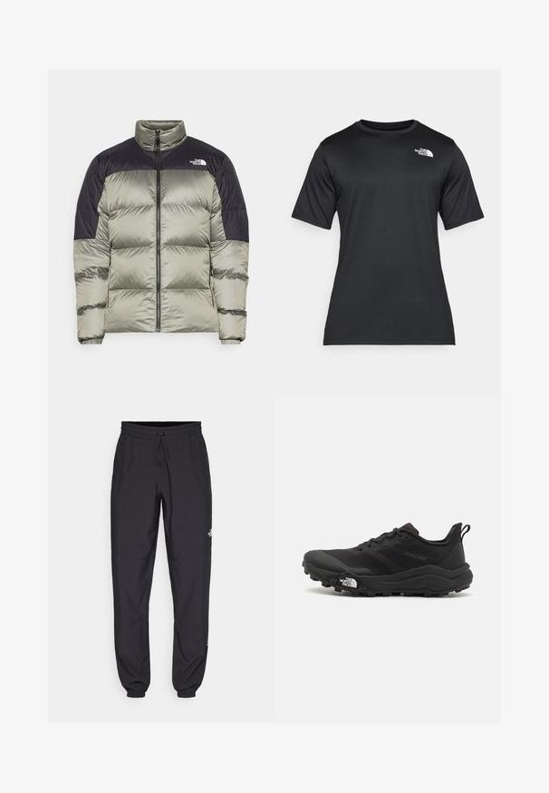 Puffjakke i olivengrønn og svart, med glidelås, høy krage og kvilte seksjoner for isolasjon. Logo på brystet.; Svart t-skjorte med korte ermer laget av lett, fukttransporterende stoff. Har en hvit logo på venstre bryst og rund hals.; Sorte idrettsbukser laget av lett stoff, med snor i livet, sidelommer og smale mansjetter ved anklene.; Svart terrengløpesko med teksturert overdel, gummisåle og forsterket tåhette. Har polstret krage og løftestropp for enkel påkledning.