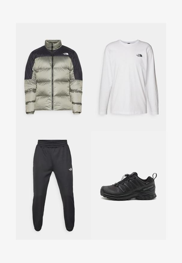 Puffjacka i olivgrön och svart, med dragkedja, hög krage och quiltade sektioner för isolering. Logotyp på bröstet.; Vit långärmad T-shirt i bomull med rund halsringning. Har en liten svart logotyp på bröstet. Slät textur, normal passform.; Svarta träningsbyxor med dragsko i midjan, smal passform, elastiska muddar och en liten vit logotyp på vänstra låret, tillverkade av ett slätt tyg.; Svart sportskor med en strukturerad syntetöverdel, dämpad sula och ett snabbsnörningssystem. Har förstärkt tå och hälen.