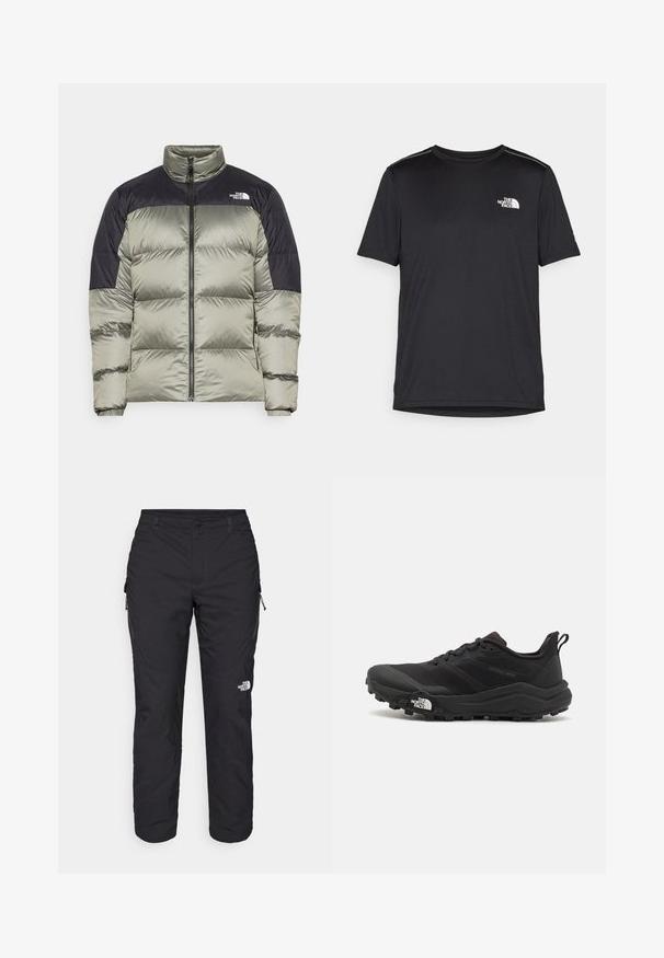 Kurtka puchowa w oliwkowej zieleni i czerni, posiadająca zamek błyskawiczny, wysoki kołnierz oraz pikowane sekcje dla lepszej izolacji. Logo na piersi.; Czarny t-shirt z krótkim rękawem, wykonany z lekkiego materiału. Posiada małe białe logo na lewej piersi oraz subtelne akcenty na ramionach.; The North Face WINTER EXPLORATION czarny; Czarne buty do biegania w terenie z teksturowaną cholewką, gumową podeszwą i wzmocnionym noskiem. Posiadają wyściełany kołnierz oraz uchwyt do łatwego zakładania.