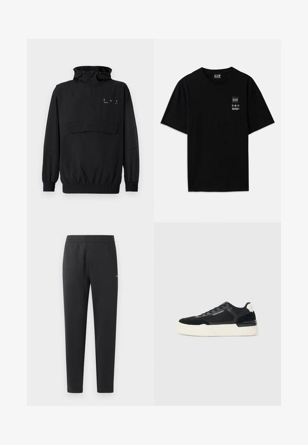 Črn pulover jakna s kapuco, pol zadrgo, elastičnimi manšetami in pasom. Ima sprednji žep in natisnjeno logotipno podrobnost na prsih.; Črna bombažna majica s kratkimi rokavi, okroglim izrezom in majhnim logotipom spredaj, ki vključuje simbole za nego v beli barvi.; Črne trenirka hlače iz mehkega blaga, z elastičnim pasom, ravnimi nogami in z enim majhnim logotipom na strani.; Črne superge iz mrežastega materiala in usnja, z debelim belim podplatom in kontrastnimi poudarki. Pertle in detajl logotipa ob strani.