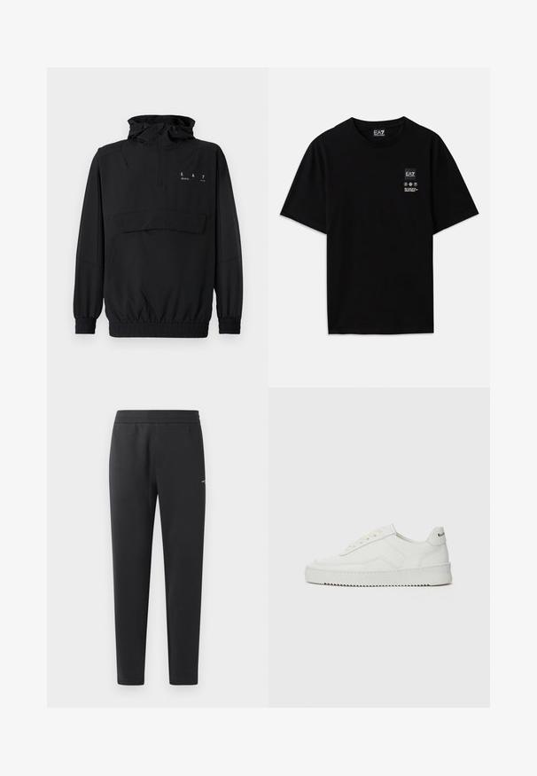 Juodas puloveris su kapuce, pusiau užtrauktuku, elastiniais rankogaliais ir liemeniu. Savybės: priekinė kišenė ir spausdintas logotipas ant krūtinės.; Juoda medvilnė t-shirt su trumpomis rankovėmis, apvalia iškirpte ir maža logotipo etiketė priekyje su baltomis priežiūros simbolių pictogramomis.; Juodos sportinės kelnės, pagamintos iš minkštos medžiagos, su elastinga juosmeniu, tiesiomis kojomis ir nedideliu logotipo akcentu šone.; Balti odiniai sportiniai bateliai su lygia apdaila, apvaliu pirštu, plokščiais raišteliais ir tekstūruotu padu. Pasižymi subtiliu logotipu ant kulno.