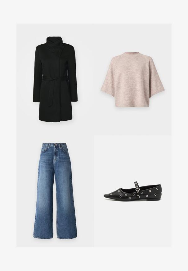 Mustast villasegust mantlist, millel on volditud krae, pikad varrukad ja vöökoht. Sile tekstuur ning minimaalne detailide arv.; Heled roosa ülekaaluline sprei, millel on ümmargune kaelus, laiad varrukad ja pehme, kudumiteksure. Ei ole nähtavaid mustreid ega metalldetailide.; Heledeltased laiad teksad, mis on valmistatud helesinisest denimist, klassikalise viie taskuga disaini ja jalgadel peene kulumisefektiga.; Mustast nahast lame kingad terava ninaga, dekoratiivsete hõbedaste silmadega ja reguleeritava rihmaga üle pahkluude.