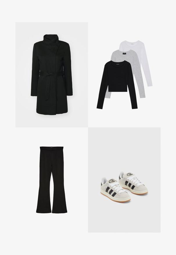 Schwarzer Mantel aus einer Wollmischung, mit umgeschlagenem Kragen, langen Ärmeln und einem Taillengürtel. Glatte Textur mit minimalen Details.; Drei langärmelige Oberteile gestapelt: schwarz, grau und weiß. Jedes hat einen runden Halsausschnitt und ein kurzes Design aus glattem, leichtem Stoff.; Schwarze Schlagleggings aus dehnbarem Stoff. Sie verfügen über einen breiten Bund und eine glatte Textur, mit einer enganliegenden Silhouette, die am Saum ausgestellt ist.; Graue Wildledersneaker mit weißen Schnürsenkeln, schwarzen Streifen und einer weißen Gummisohle. Merkmale sind ein kreisförmiges Logo auf der Zunge und eine Gummisohle.