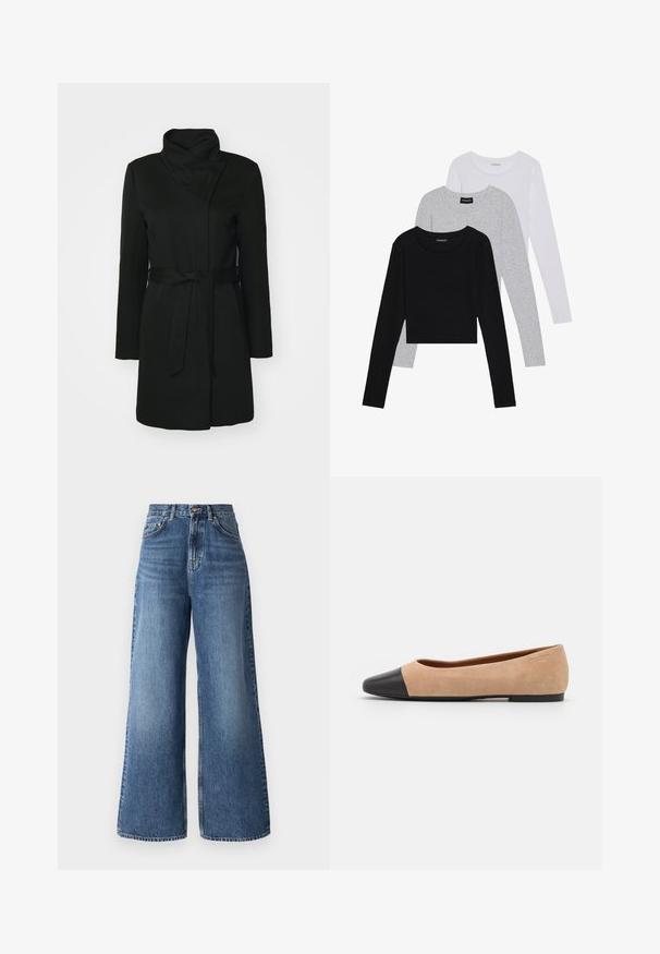 Juodas vilnos mišinio paltas, su sulankstomu koloriumi, ilgomis rankovėmis ir dirželiu juosmenyje. Lygus tekstūra su minimaliais detalėmis.; Trijų ilgomis rankovėmis marškinėlių krūva: juodas, pilkas ir baltas. Kiekvienas turi apvalų iškirpimą ir trumpą dizainą, pagamintas iš lygaus, lengvo audinio.; Šviesiai mėlynos džinsinės kelnės su aukštu liemeniu ir plačiomis kojomis, turinčios klasiką penkių kišenių dizainą ir švelnų blukimą palei kojas.; Šviesiai rudas zomšiniai baleto bateliai su juodu odiniu suapvalintu pirštu, maža pakulne ir lygia tekstūra, su minimaliai siūlėmis ir tvarkingu dizainu.