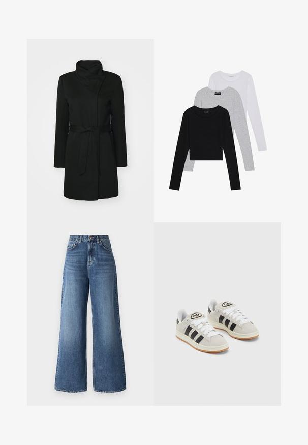 Fekete gyapjú keverék kabát, hajtott gallérral, hosszú ujjal és övvel a deréknál. Simaságával és minimális díszítésével tűnik ki.; Három hosszú ujjú póló egymásra rakva: fekete, szürke és fehér. Mindegyiknek kerek nyaka van, és rövidített fazonnal rendelkezik, sima, könnyű anyagból készült.; Világoskék, magas derekú, széles szárú farmerek, klasszikus öt zsebes kialakítással és finom elhalványodással a lábak mentén.; Szürke velúr sportcipők fehér fűzővel, fekete csíkokkal és fehér gumitalppal. A nyelvén kör alakú logó található, illetve a talpa színes gumi.