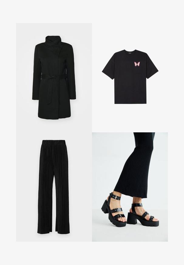 Zwarte jas van wolblend, met een geklapt kraag, lange mouwen en een ceintuur in de taille. Gladde textuur met minimale details.; Zwarte katoenen t-shirt met korte mouwen, voorzien van een kleine roze vlinder graphic op de linkerkant van de borst. Crew neck ontwerp met een relaxte fit.; Zwarte geplooide broek met een elastische tailleband. Beschikt over wijde pijpen en een glad, gestructureerd stof met verticale strepen.; Zwarte platform sandalen met dikke, grofgevormde zolen en meerdere bandjes, voorzien van metalen gespen en een gladde leerachtige textuur.