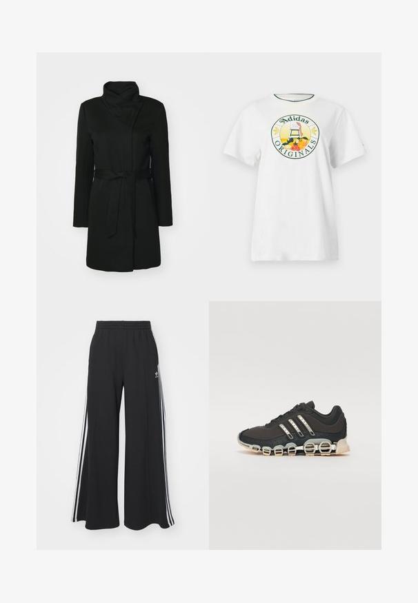 Cappotto nero in misto lana, con colletto ripiegato, maniche lunghe e vita con cintura. Tessuto liscio con dettagli minimi.; T-shirt bianca in cotone a maniche corte, con un logo grafico rotondo in verde e giallo, che mostra "Adidas Originals" e disegni di frutta.; Pantaloni in felpa neri a gamba larga con vita elastica, dotati di strisce bianche sui lati e un logo ricamato sulla coscia sinistra.; Scarpa da ginnastica nera con tomaia testurizzata, tre strisce argentate e una suola ammortizzata distintiva con più sezioni integrate.
