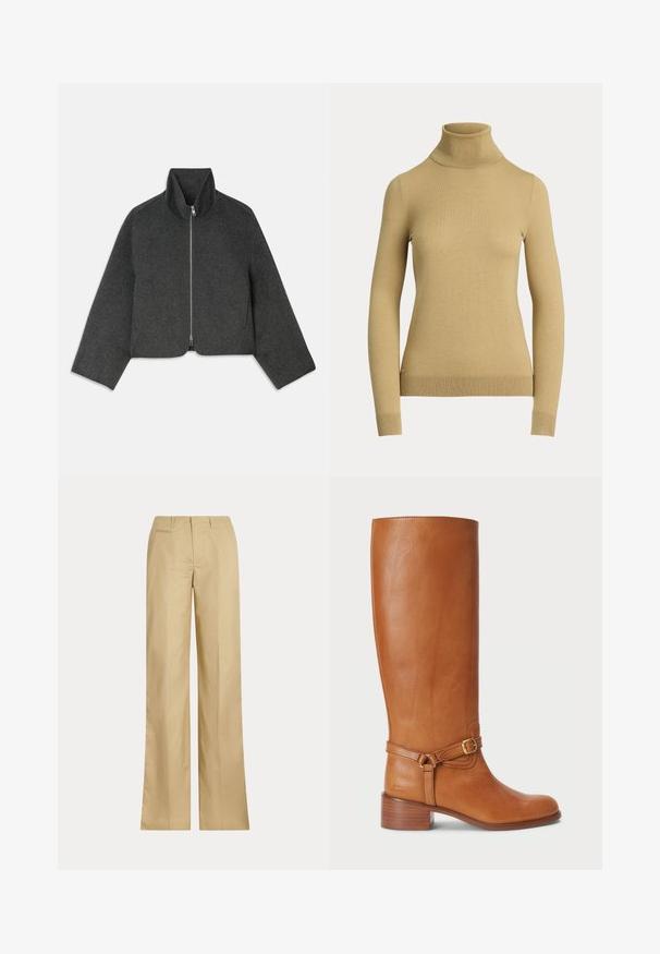 Skračená, šedá vlnená bunda s vysokým golierom a predným zipsom. Má široké rukávy a čistý, minimalistický dizajn. Mäkká textúra.; Sveter s vysokým golierom v svetlej béžovej farbe, vyrobený z hladkej, jemnej pleteniny. Má dlhé rukávy a priliehavý strih so žebrovaným lemom.; Béžové nohavice so širokými nohavicami vyrobené z hladkej bavlny, s klasickým pásom a zadnou vreckom, so rovnými strihom a minimálnym zdobením.; Vysoké hnedé kožené čižmy s hladkým povrchom, so bočným pásom na pracku a vrstveným podpätkom. Horná časť má čistý, nezdobený dizajn.