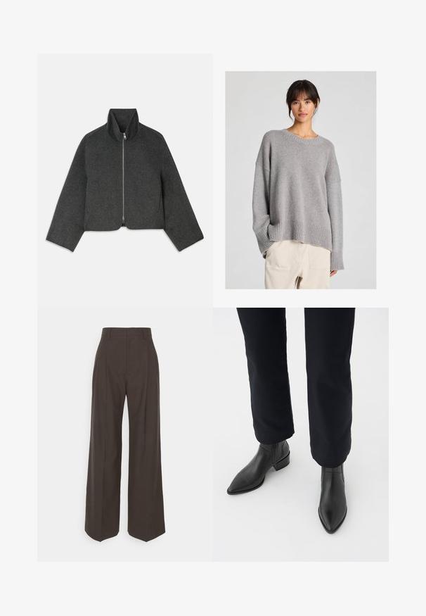 Rövid, szürke gyapjúdzseki magas gallérral és elülső cipzárral. Széles ujjaival és letisztult, minimalista dizájnjával jellemezhető. Puha tapintású.; Szürke kötött pulóver, laza fazonnal, kerek nyakkivágással, bordás mandzsettákkal és szegéllyel. Puha tapintású, diszkrét kötött mintázattal. Világos nadrággal párosítva.; Sötétbarna, bő szárú nadrág magas derékkal, tisztán vasalt redőkkel, sima textúrával és testhez simuló fazonnal.; Fekete bőr bokacsizma hegyes orral, tömbsarkúval és texturált oldalsó panelekkel, sötét nadrággal viselve, fehér háttér előtt.