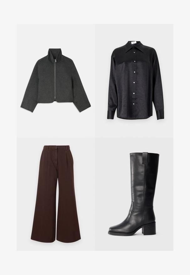 Cropped, gray wool jacket with high collar and front zipper. Features wide sleeves and a clean, minimalist design. Soft texture.; Black long-sleeve shirt with a collared neckline, featuring a crinkled texture, full button front, and cuffs. Made from a smooth fabric.; High-waist wide-leg brown pants with button and zipper closure, belt loops, and front pleats.; Black leather knee-high boots with a smooth texture, square toe, block heel, and side pull tab, featuring minimal stitching details.