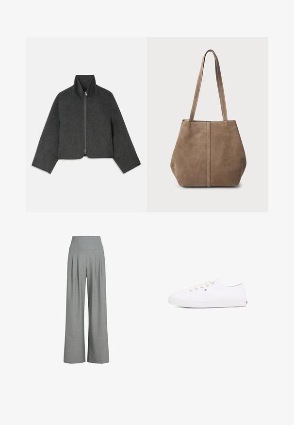 Korte, grijze wollen jas met hoge kraag en voorrits. Voorzien van brede mouwen en een strak, minimalistisch ontwerp. Zachte textuur.; Effen witte T-shirt met korte mouwen en een ronde hals, met een slim fit, vlak weergegeven tegen een witte achtergrond.; Grijze plissé wijd-uitlopende broek met een hoge tailleband, gemaakt van een gestructureerde stof, met een gladde afwerking en heldere lijnen.; Witte canvas sneaker met gouden veterogen, platte veters, gestructureerde rubberen zool en minimalistische branding aan de zijkant. Laagprofiel ontwerp.; Bruine suède schoudertas met twee lange handvatten, verticale naaddetails aan de voorkant en een zachte textuur. Ruimtelijk ontwerp dat geschikt is voor dagelijks gebruik.