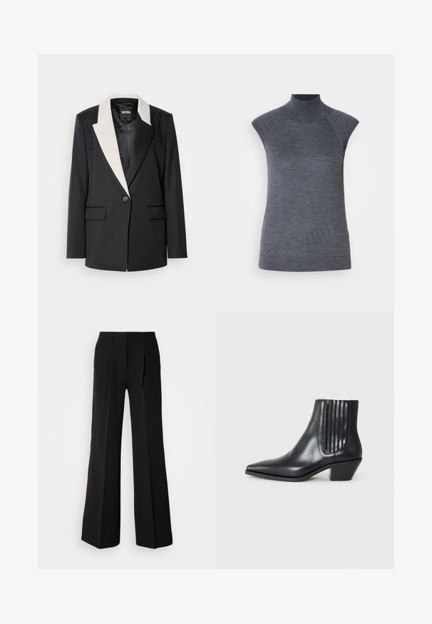 Black tailored blazer with a contrasting white shawl collar, single button closure, and two front pockets. Smooth fabric texture.; Gray sleeveless turtleneck top, body-hugging fit, ribbed texture, smooth fabric, features high neck and stylish shoulder cutouts.; Black trousers made of smooth fabric, featuring a high waist, wide-leg silhouette, and two front pleats for added design detail.; Black leather ankle boot with pointed toe, elastic side panels with vertical grooves, and a low block heel. Smooth texture and sleek design.