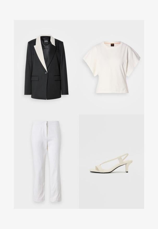 Black tailored blazer with a contrasting white shawl collar, single button closure, and two front pockets. Smooth fabric texture.; White cropped T-shirt, short wide sleeves, soft cotton material, round neckline with subtle orange trim, minimal design, no patterns or graphics.; White cotton pants with a straight leg design, featuring a mid-rise waist and no visible hardware or patterns. Smooth texture throughout.; Beige block-heeled sandals with thin straps and a square toe. Smooth material with minimal detailing, designed for easy wear.