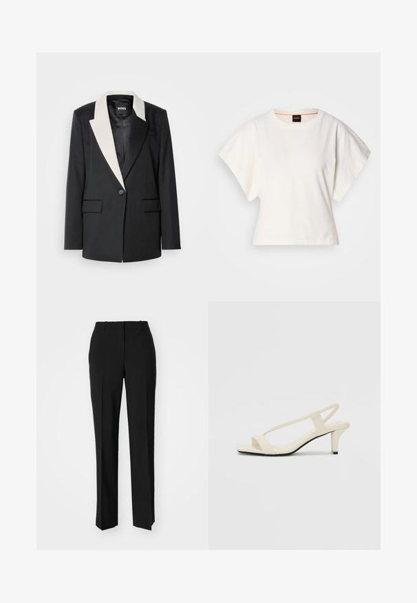 Zwarte op maat gemaakte blazer met een contrasterende witte sjaalkraag, enkele knoopsluiting en twee voorkeurszakken. Gladde stofstructuur.; Witte gecropte T-shirt, korte brede mouwen, zachte katoenmaterialen, ronde halslijn met subtiele oranje rand, minimalistisch ontwerp, geen patronen of graphics.; Zwarte op maat gemaakte broek met een recht model, voorzien van een soepele textuur en scherpe plooien aan de voorkant. Geen zichtbare hardware.; Beige blockhak sandalen met dunne bandjes en een vierkante neus. Glad materiaal met minimale details, ontworpen voor eenvoudig dragen.