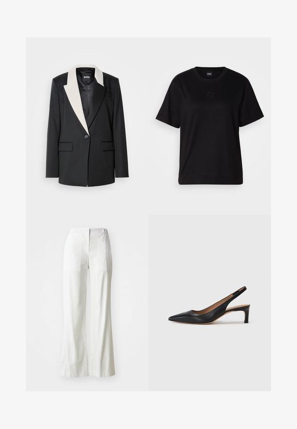 Čierny sakový blejzer s kontrastným bielym šálovým golierom, jedným zapínaním na gombík a dvoma prednými vreckami. Hladká textúra látky.; Čierne bavlnené tričko s okrúhlym výstrihom, krátkymi rukávmi a vyšívaným logom na hrudi. Jednoduchý, voľný strih bez vzorov.; Biele, vysoko pásové široké nohavice vyrobené z ľahkého materiálu. Majú plochý predok, zadné vrecká a čistý, jednoduchý dizajn.; Čierne kožené slingback lodičky s špicatou špičkou, nízkym opätkom a hladkým povrchom. Obsahujú tenký nastaviteľný remienok pre bezpečné upevnenie.
