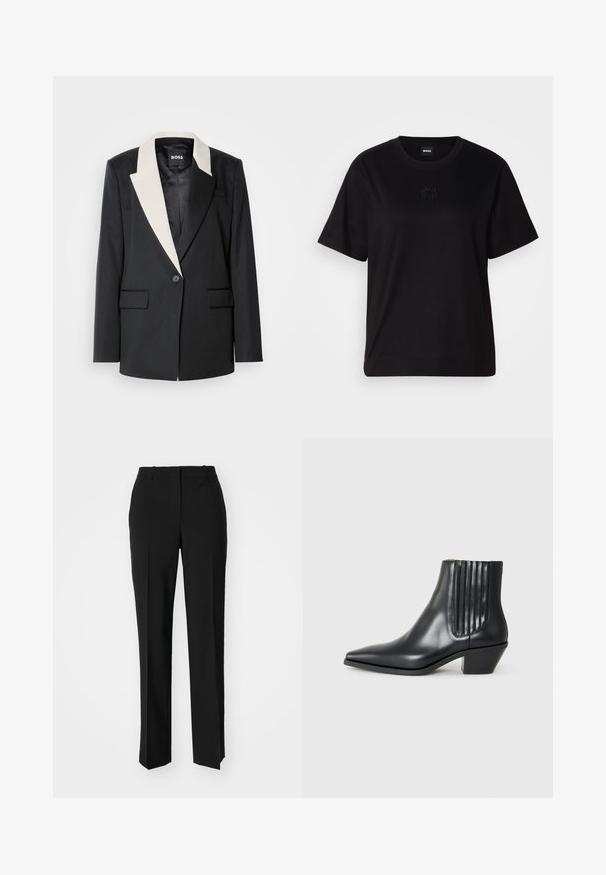 Fekete szabott blézer kontrasztos fehér sálgallérral, egygombos záródással és két elülső zsebbel. Simább szövet textúra.; Fekete pamut póló kerek nyakkivágással, rövid ujjakkal és hímzett logóval a mellkasán. Egyszerű, laza szabás, minta nélkül.; Fekete, testhezálló nadrág egyenes szárú kivitelben, sima textúrával és éles redőkkel az elején. Nincs látható fémalkatrész.; Fekete bőr bokacsizma hegyes orral, elasztikus oldalsó panelekkel, amelyek függőleges bemetszésekkel rendelkeznek, és alacsony blokk sarkú. Sima textúrájú és elegáns dizájn.