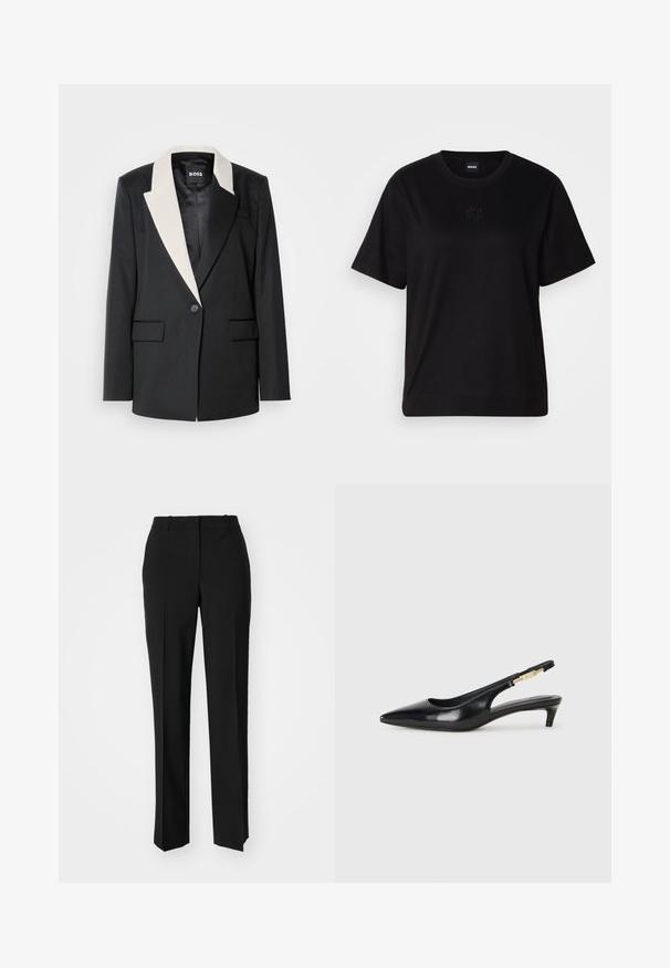 Schwarzer maßgeschneiderter Blazer mit einem kontrastierenden weißen Schalkragen, einem einzelnen Knopfverschluss und zwei Fronttaschen. Glatte Stoffstruktur.; Schwarzes Baumwoll-T-Shirt mit Rundhalsausschnitt, kurzen Ärmeln und aufgesticktem Logo auf der Brust. Einfacher, lässiger Schnitt ohne Muster.; Schwarze, taillierte Hose mit geradem Bein, aus einem glatten Stoff und mit klaren Falten an der Vorderseite. Keine sichtbare Hardware.; Schwarze Leder-Slingback-Pumps mit spitzem Schuhblatt, ausgestattet mit einem schlanken Absatz und einem goldfarbigen Akzent am verstellbaren Riemen. Glatte Textur.