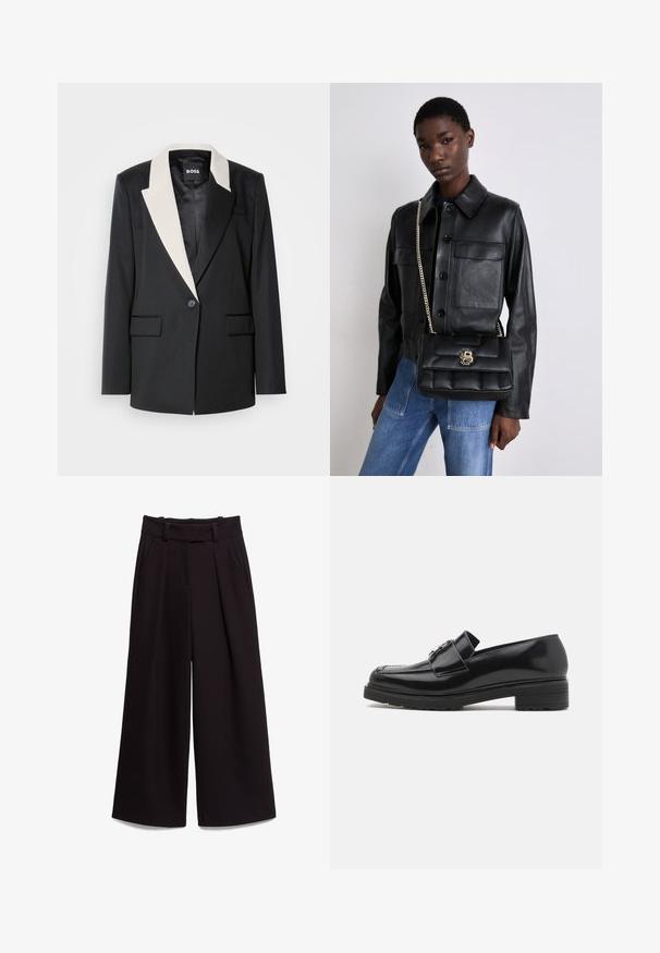 Black tailored blazer with a contrasting white shawl collar, single button closure, and two front pockets. Smooth fabric texture.; Navy blue short-sleeve t-shirt made from soft fabric. Features a round neckline and a subtle printed logo on the front.; Black wide-leg trousers made of smooth fabric, featuring a high waist, belt loops, and two front pockets. Pleated design adds texture.; Black polished leather loafer with low block heel, stitched toe, and metal buckle detail on upper, shown in side profile on white background.; Black leather jacket with button closure and two front pockets, paired with a black quilted handbag featuring a gold clasp and chain strap.