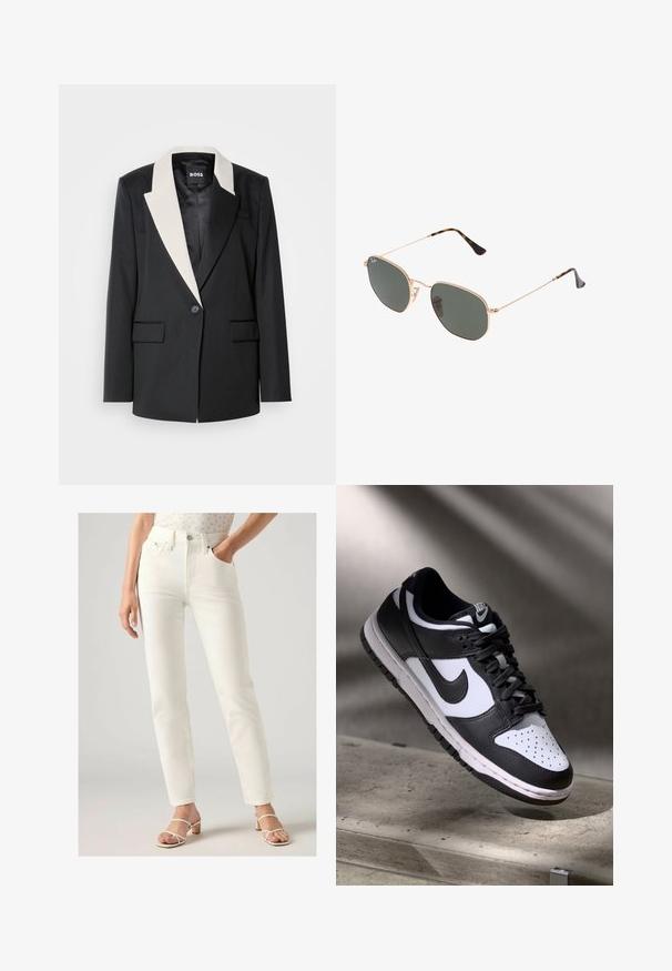 Zwarte op maat gemaakte blazer met een contrasterende witte sjaalkraag, enkele knoopsluiting en twee voorkeurszakken. Gladde stofstructuur.; Witte t-shirt met korte mouwen, gemaakt van zachte katoen, met een ronde halsline en raglanmouwen. Het heeft een ontspannen, rechte snit en is zonder patronen.; Witte high-waisted jeans met een rechte pasvorm, voorzien van voorzakken, een knoopsluiting en een gladde denimtextuur. Gekleed met lichte sandalen.; Zwart-witte Nike Dunk Low sneaker met een leren bovenwerk, geperforeerde neus, en zwarte veters, met een witte zool en logo-accenten.; Gouden metalen zonnebril met donkergroene lenzen, aviator-stijl, met slanke scharnieren en schildpad-accenten op de uiteinden.; Zwarte gewatteerde leren handtas met een gathered bovenkant, gouden kettinghengsel en een rechthoekige vorm, vastgehouden tegen een effen achtergrond.