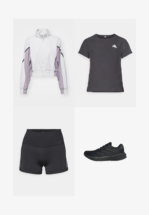 Skuren vit jacka med lila och svarta detaljer. Har en hög krage, dragkedja och elastiska manschetter och nederkant. Slät, lättviktig tyg.; Kortärmad atletisk t-shirt, mörkgrå med perforerad textur. Har en vit logotyp och kontrasterande sidostripes. Rundad halsringning.; Svarta sportshorts med hög midjeband, gjorda av stretchtyg. Utrustade med vita sidostrippar och flatlocksömmar för komfort.; Svarta sportskor med överdel i mesh, strömlinjeformad form, platt sula och tre diagonala ränder på sidan. Lättviktig design för komfort.