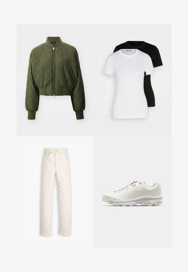Quiltet bomberjakke i mørkegrønn med høy krage, frontlås, ribbestrikkede ermer og kort design. Har skråsting detaljer.; To korte ermer T-skjorter i svart og hvit. Laget av glatt bomull, med klassisk rund hals og vanlig passform.; Hvite denimjeans med rett ben-design, fem-lomme stil, og kobberdetaljer. Rå sømfinish ved anklene.; Hvit løpesko med pustende mesh-overdel, teksturerte detaljer og polstret såle. Har et hurtiglissesystem for enkel tilpasning.