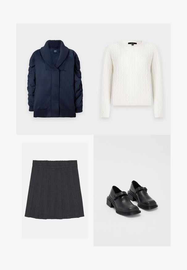 Námornícko modrá bunda s rebrovaným šálovým golierom, zhrnutými rukávmi, prednými vreckami a rebrovanými manžetami a spodným okrajom, položená na bielom pozadí.; Biely sveter s pleteným vzorom, ktorý má dlhé rukávy, okrúhly výstrih a ozdobný perlový prvok na golieri. Mäkko sa nosí a je priliehavého strihu.; Tmavošedá skladaná sukňa s elastickým pásom, s textúrovanou tkaninou a klasickým A-línkovým strihom. Vhodná na neformálne nosenie.; Čierne kožené topánky s okrúhlou špičkou, plochou podrážkou a remienkom s detailom pracky. Hrubý blokový opätok pre väčšiu stabilitu.