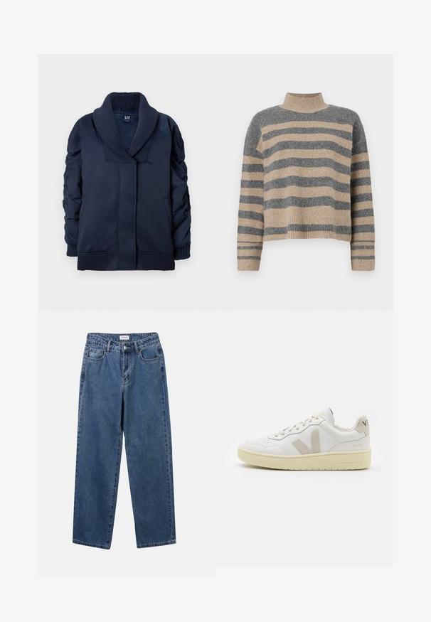Námořnicky modrá bunda s žebrovaným šálovým límcem, nařasenými rukávy, předními kapsami a žebrovanými manžetami a spodním lemem, položená plochá na bílém pozadí.; Pruhovaný pletený svetr v šedých a béžových barvách, s vysokým krkem, širokými rukávy s manžetami a uvolněným střihem s kráceným designem.; Klasické modré džíny z denimu se střihy rovné nohy, pěti kapsami a zapínáním na knoflík. Mají střední odstín a odolnou texturu.; Bílé kožené tenisky s béžovými semišovými akcenty, perforovanou špičkou, plochými tkaničkami a strukturovanou krémovou podešví. Obsahují jemné logo na patě.
