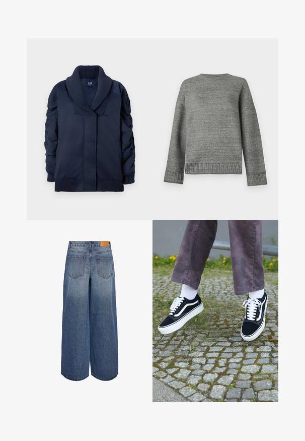 Navy blue jacket with ribbed shawl collar, ruched sleeves, front pockets, and ribbed cuffs and hem, folded flat on white background.; Gray knit sweater with a round neckline, dropped shoulders, and ribbed cuffs and hem. Smooth texture with a solid color and minimal detailing.; Wide-leg denim culottes in medium blue wash with a faded texture, featuring two back pockets and a brown leather brand tag on the waistband.; Black suede sneakers with white accents, featuring a rounded toe, thick white sole, and classic lace-up design, worn with white socks and purple pants.