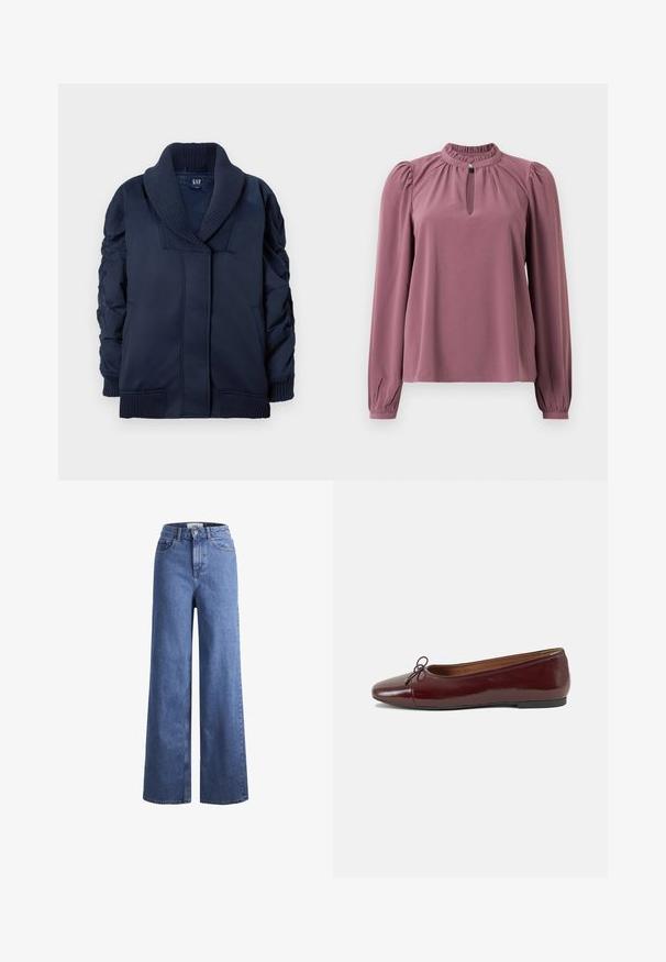 Jūras zila jakas ar ribotu šalu apkakli, sakņotām piedurknēm, priekšējām kabatām, kā arī ribotām aprocēm un apakšmalu, salocīta uz baltas fona.; Garšā piedurkne mauve krāsas blūze ar saplacinātu apkakli, atslēgas caurumu dekoltē ar pogu aizdari un nedaudz pūkainām plecu daļām.; Gai zili džinsi ar platu kāju un augstu jostu, divas priekšējās kabatas un redzamu šuvju. Iekļauj pogas un rāvējslēdzēja aizdari.; Burgundijas laku ādas baleta kurpes ar noapaļotu purngalu, nelielu loku akcentu priekšā un zemu melnu gumijas zoli. Gluda tekstūra.