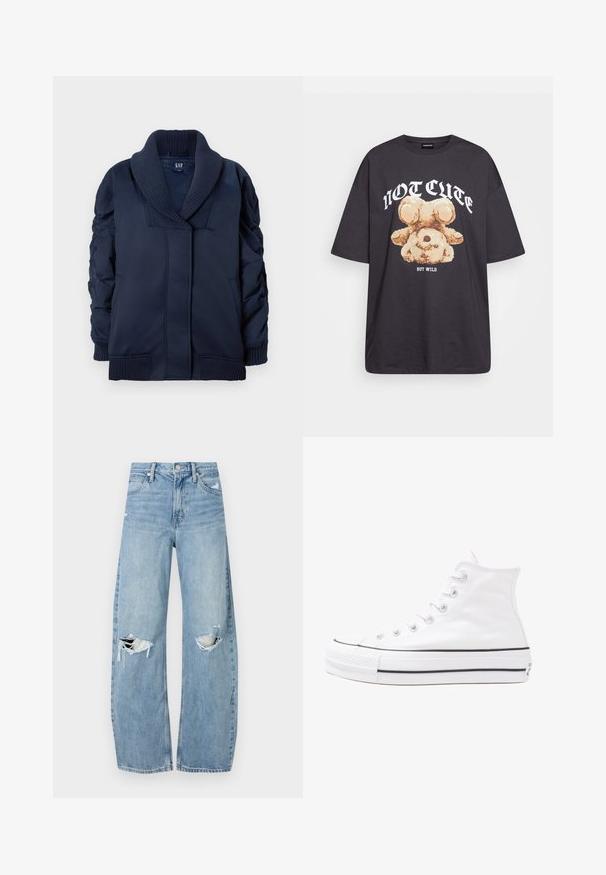 Tamsiai mėlynas švarkas su raukinėta šiltu apykakle, raukšlėtis rankovėmis, priekinėmis kišenėmis ir raukšlėtais rankogaliais bei medžiagos nėriniu, ištiestas ant balto fono.; Juodas per didelis marškinėliai su bearo grafika ir tekstu "NE SIAUBINGA, BET NERAMUS" bold baltomis raidėmis. Pagaminta iš medvilnės.; Šviesiai mėlynos, aukštu juosmeniu džinsai pagaminti iš džinsinio audinio. Turi plačias kojų kelnes, dvi suplėšytas kelio vietas ir klasikinį penkių kišenių dizainą.; Balti aukštakulniai drobės sportbačiai su juodu guminio pado, priekinio guminio piršto dangteliu ir šešiais akytėmis raištams, pasižymintys švariu, minimalistiniu dizainu.