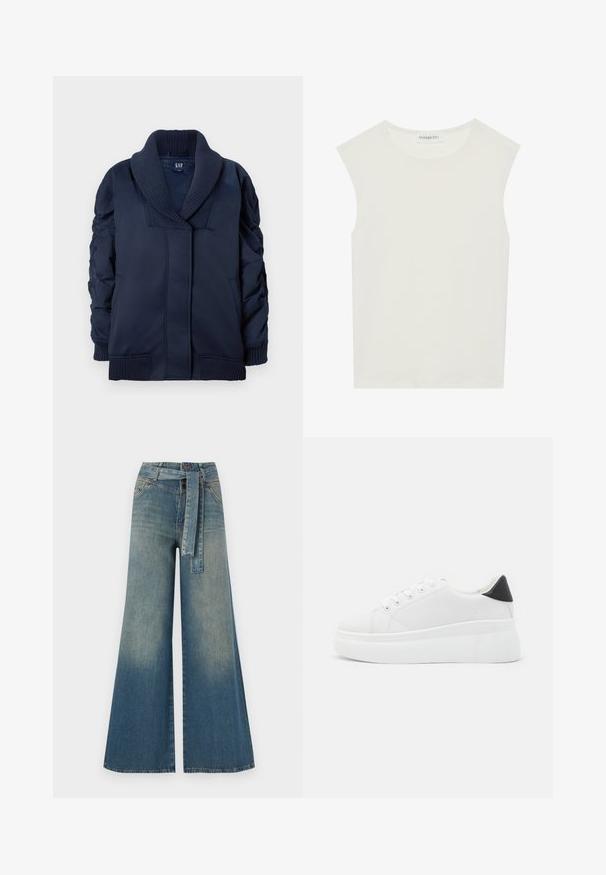 Navyblauwe jas met geribbelde sjalkraag, geraffineerde mouwen, voorzakken en geribbelde manchetten en onderrand, plat gevouwen op een witte achtergrond.; Witte mouwloze top met een ronde halslijn. Gemaakt van gladde stof, het heeft een losse pasvorm en een minimalistisch ontwerp. Geen patronen of accenten.; Wijduitlopende denim broek met een lichte naar donkere blauwe gradient, hoge taille, riemlussen en een bijpassende stoffen riem. Gestructureerde denimafwerking.; Witte platform sneakers van glad synthetisch materiaal, met een afgeronde neus, vetersluiting en een gestructureerde rubberen zool. Zwarte hielaccent.
