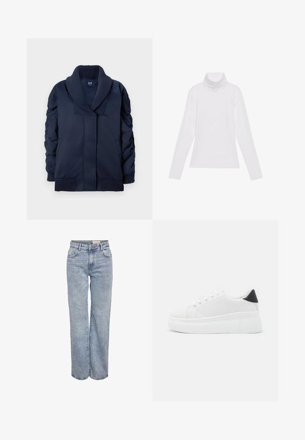 Mornarsko modra jopica z rebrastim šalom, nabranimi rokavi, sprednjimi žepe ter rebrastimi manšetami in robom, razpeta na belem ozadju.; Bela dolga majica s turtleneck ovratnikom, izdelana iz gladke, raztegljive tkanine. Ima visok ovratnik in prilega telesu, brez vidnih vzorcev ali okrasitev.; Svjetloplave široke traperice od denima, sa visokim strukom, dizajnom s pet džepova i suptilnim blijeđenjem za izgled nakon nošenja.; Bele platform tenisice izdelane iz gladkega sintetičnega materiala, z zaobljenim prstom, sistemom vezalk in teksturiranim gumijastim podplatom. Črn dodatek na peti.