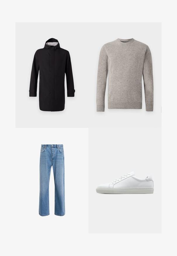 Schwarzer wasserdichter Mantel mit hohem Kragen, langen Ärmeln und geradem Schnitt. Verfügt über einen Frontreißverschluss und Seitentaschen. Innenfutter mit Muster.; Hellgrauer gestrickter Pullover mit Rundhalsausschnitt, langen Ärmeln und gerippten Bündchen und Saum. Strukturiertes Muster mit Farbklecksen.; Helle blaue Jeans im Geradeschnitt-Design, mit fünf Taschen, Knopfverschluss, minimaler Ausbleichung und kontrastierenden Nähdetails.; Weißer Sneaker mit glattem Lederobermaterial und niedrigem Profil. Verfügt über eine runde Zehenpartie, sechs Ösen und eine strukturierte Gummisohle.